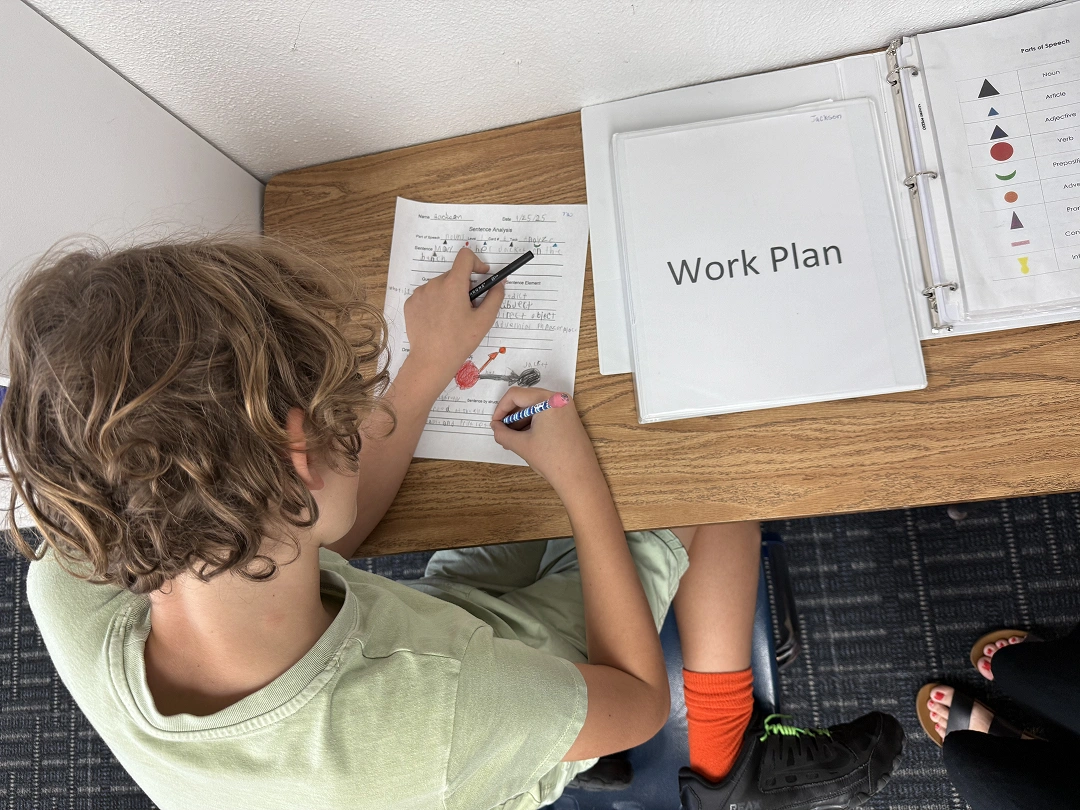 Student completing a worksheet beside a work plan binder